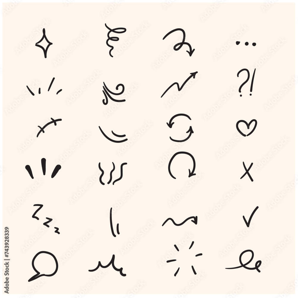 Set of hand-drawn cartoon expression sign doodle line strok with Illustration style doodle and line art Set of hand-drawn cartoon expression sign doodle line strok with Illustration style doodle and line art