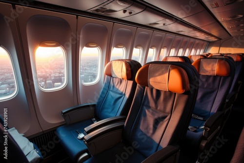 Empty cabin of a modern passenger airliner during flight, showing seats and overhead compartments © polack