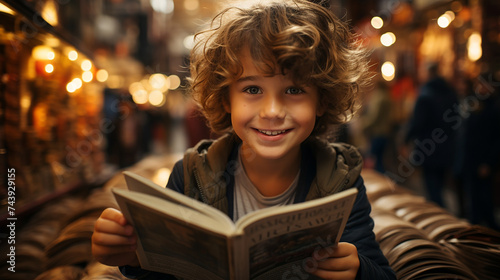 Portrait of a happy boy during reading a book. World day of the book