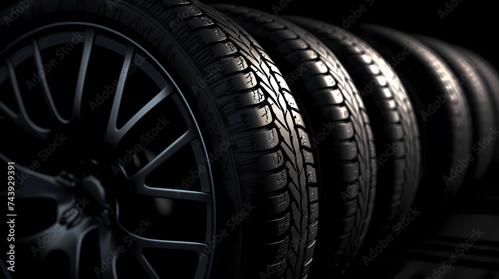 Car tires on black background Car tires on black background