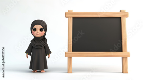 3d cartoon muslim woman with hijab next to the blackboard isolated on white background. ramadan kareem holiday celebration concept photo