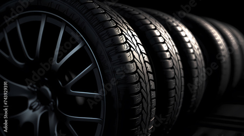 Car tires on black background