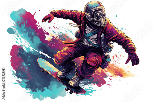 Watercolor illustration of an astronaut skateboarding in space isolate on transparent background