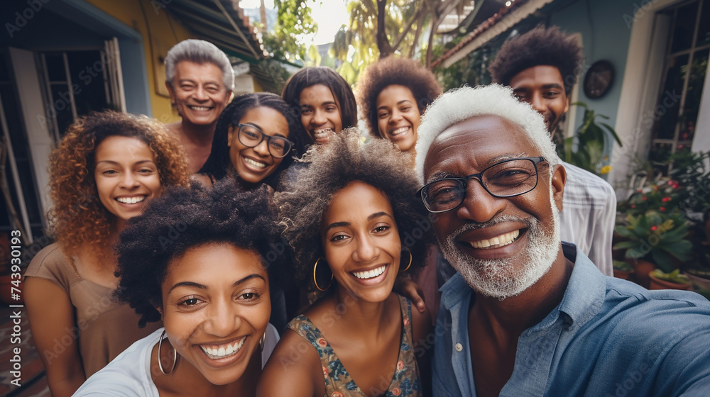 Group of happy and smiling colored people taking a selfie - obrazy, fototapety, plakaty 