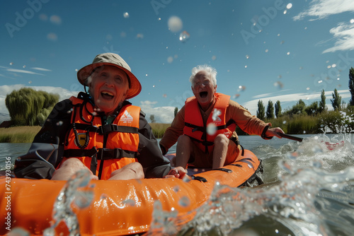A couple of pensioners with life jackets. Boat trip, concepts of active travel for older people around the world © Айман Дайрабаева