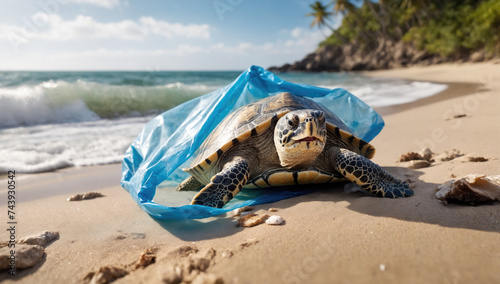 Close-up of sea turtle entangled in blue plastic bag on sandy tropical beach. Concept of environmental pollution hazards and protection of marine animals. Ai generation
