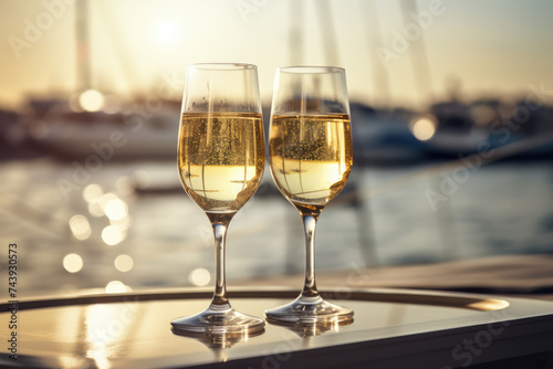 two glasses of champagne with blurry background of yacht and water