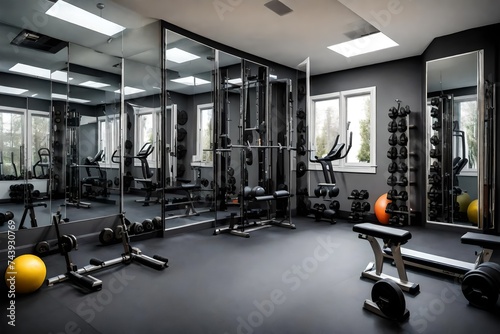 A home gym with a variety of equipment, mirrored walls, and rubber flooring
