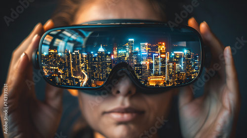 Girl in virtual reality glasses, another world