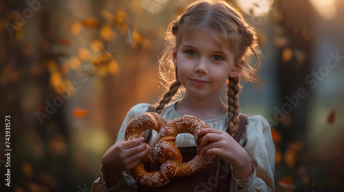 Portrait of a girl with a pretzel in her hands