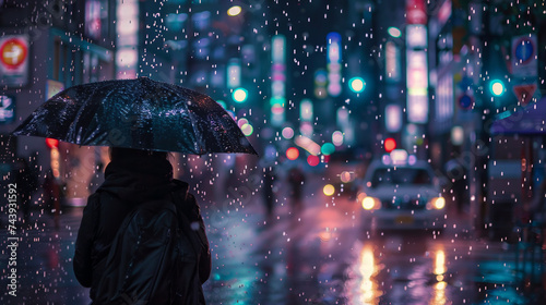 Man in the evening in the city with an umbrella in the rain
