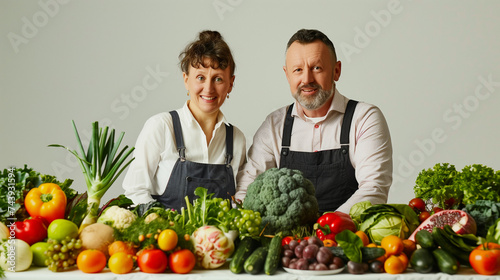 Man and woman in aprons with fruits and vegetables