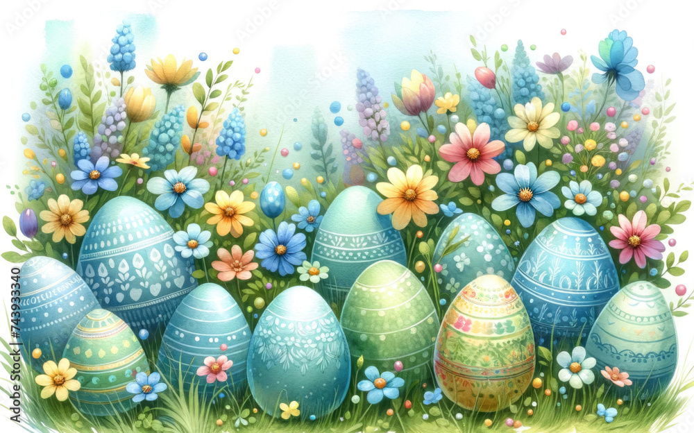 Beautiful Easter eggs hidden amongst lush spring blooms.
