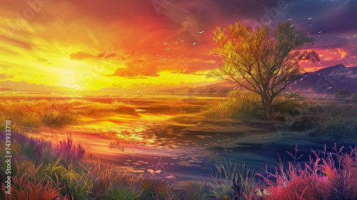 Illustration of detailed landscape at sunset