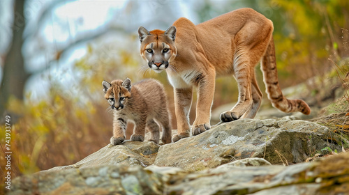 Mountain lion walking with her cub