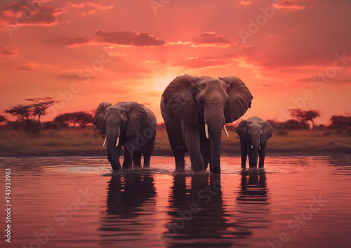A family of African elephants walks by the lake In the savannah, at sunset. World Elephant Day. Front view. © Елена Швецова