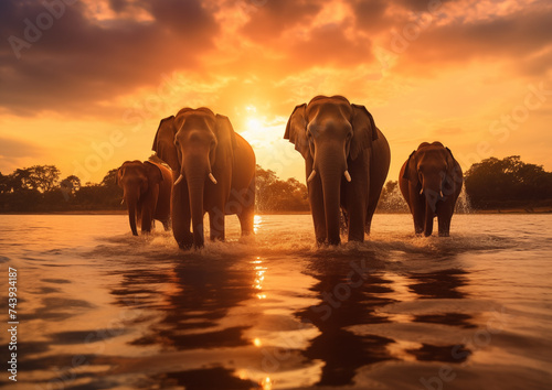 A group of African elephants walks along the lake In the savannah, at sunset. World Elephant Day. Front view. © Елена Швецова