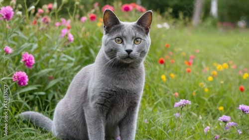 Russian blue cat in flower field