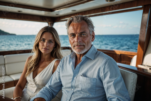 Elegant couple enjoying a luxury yacht cruise, with serene ocean backdrop.   © Alex