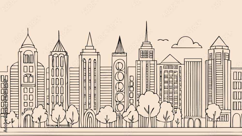 Thin line style city panorama. Illustration of urban landscape street , skyline city office buildings, on light background. Outline cityscape. Wide horizontal panorama. Vector illustration