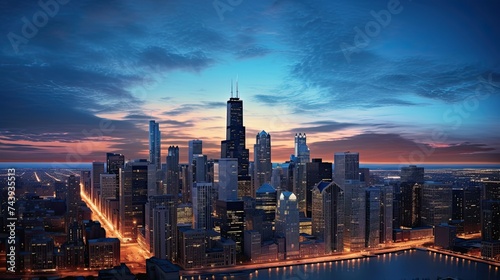 Chicago Skyline Aerial View at Dusk: Panoramic Nightscape of Downtown Illinois with Vibrant Colours