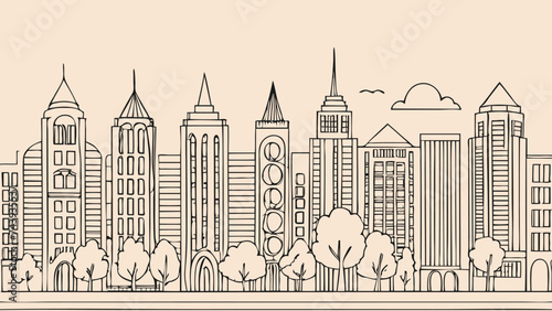 Thin line style city panorama. Illustration of urban landscape street , skyline city office buildings, on light background. Outline cityscape. Wide horizontal panorama. Vector illustration