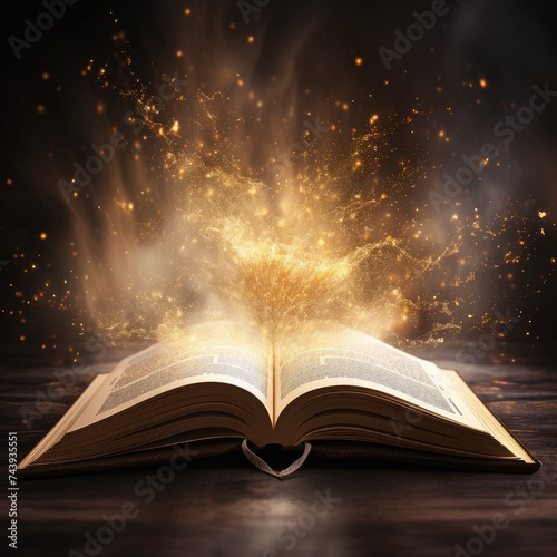 open book with mystic bright light on white background