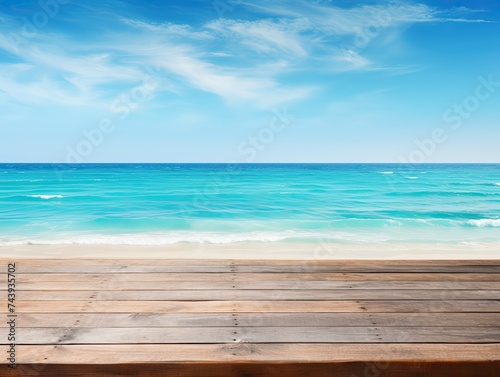 Blue Wooden Table Top with Scenic Beach View for Summer Vacation Background