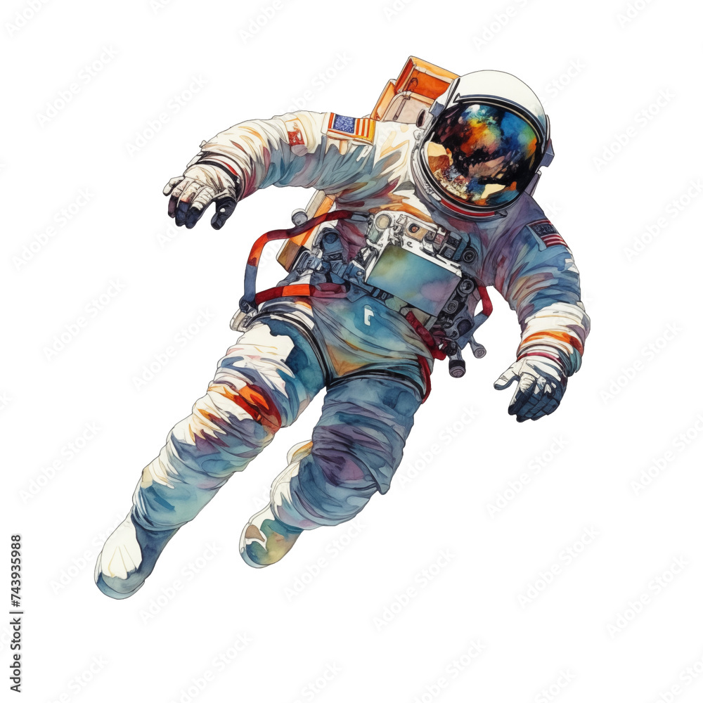 watercolor illustration of Astronaut in zero gravity isolate on clean white transparent background