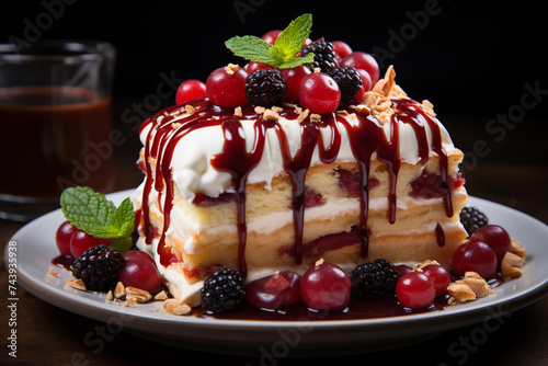 Sliced cake with exotic toppings