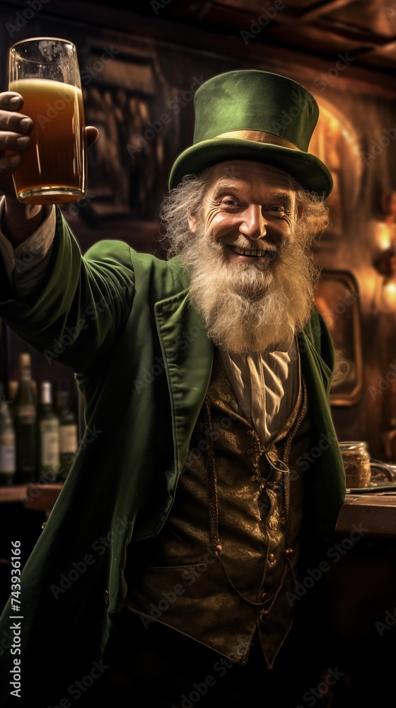 leprechaun drinking beer in Irish bar, realism