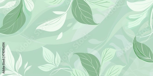 Whimsical leaves in shades of green dance over a swirling pastel mint background, creating a serene and refreshing atmosphere.