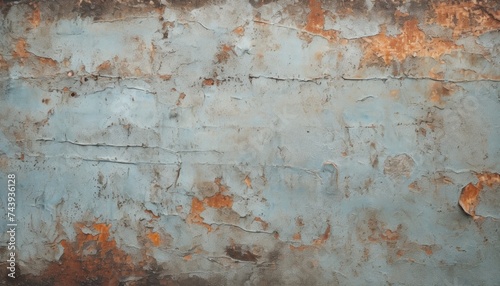 Old weathered painted grunge metal sheet surface with faded and cracked paint closeup as background