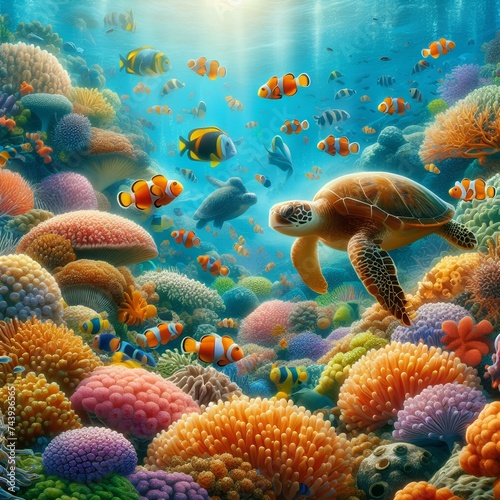 An underwater scene teeming with colorful coral, busy clownfish, and a gentle sea turtle.