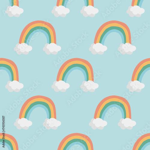 Rainbow with clouds vector pattern in doodle style.