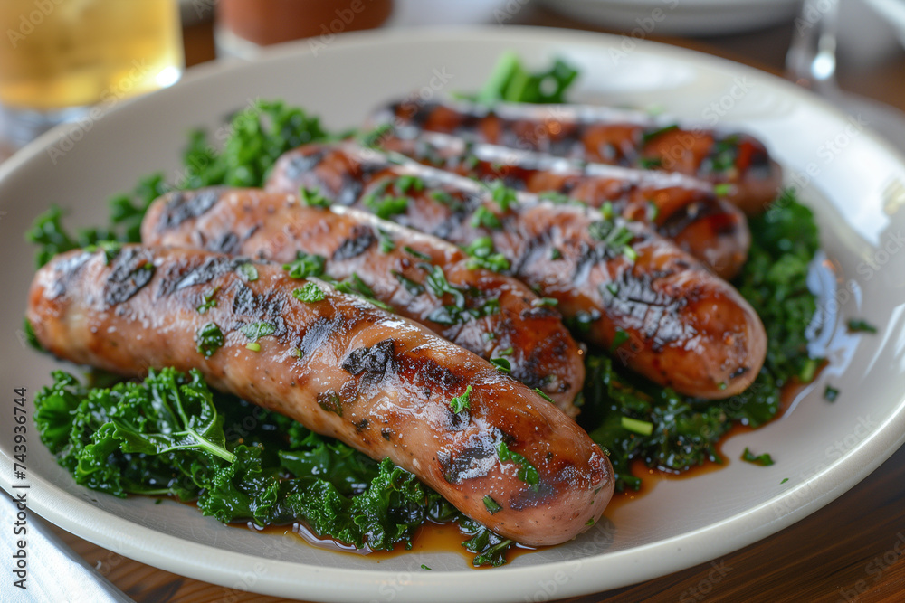 Plate of smoked sausages with herbs