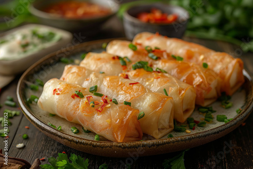 Shrimp spring rolls with dipping sauces.