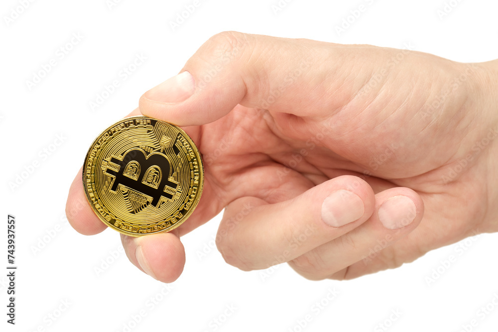 Hand holding bitcoin, close-up shot, isolated on white background Hand holding bitcoin, close-up shot, isolated on white background