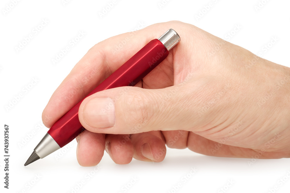 Hand holding red plastic mechanical pencil Hand holding red plastic mechanical pencil