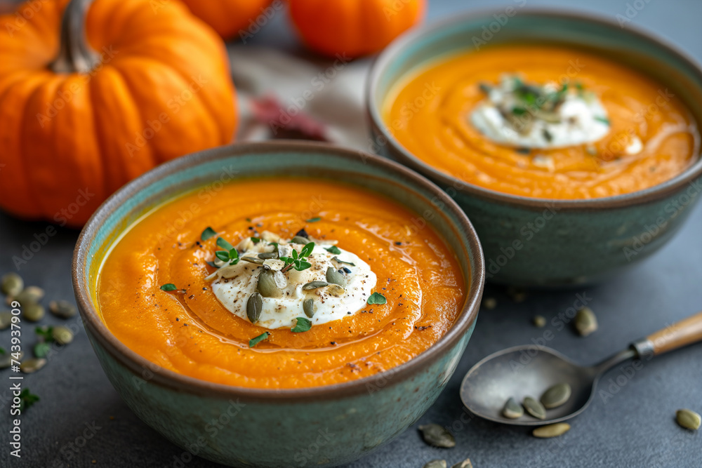 Two bowls of homemade pumpkin soup, garnished with butter and pumpkin seeds. Two bowls of homemade pumpkin soup, garnished with butter and pumpkin seeds.