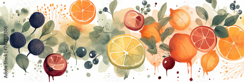Vibrant Watercolor Citrus Fruits Illustration with Botanical Elements