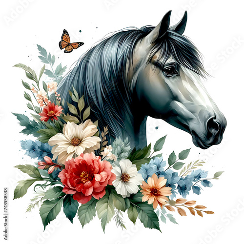 A painting of a horse with flowers around it. photo