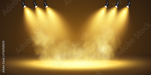 Golden scene with directed spotlight on dark background, floating smoke of first place, fame and popularity. Vector illustration