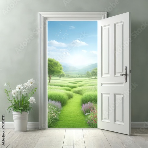 open door to beautiful landscape with meadow and flowers  3d render