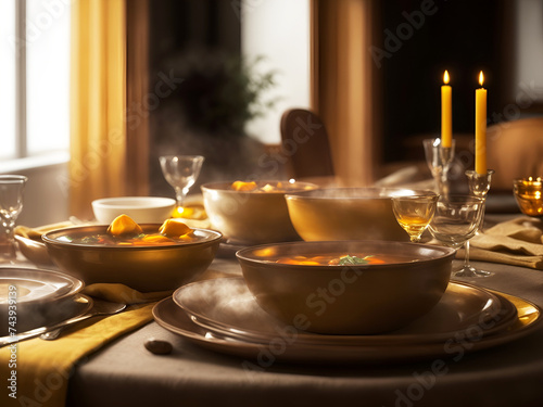 Una mesa de comedor calidamente iluminada y decorada con humeantes tazones de sopa :vista de frente y de cerca. Ai Generativa