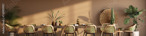 Interior of a boho dining room with a table, chairs, plants, and a decorative basket on the wall in warm colors.