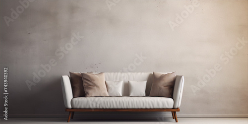Minimalistic living room interior with white sofa, pillows and concrete wall in the background