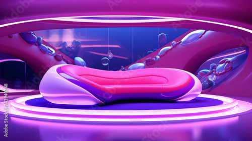Pink and purple futuristic interior design with a large curved sofa in the center.