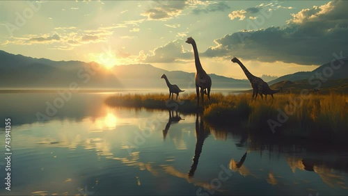 AI-generated dinosaurs in a prehistoric landscape. Perfect for educational materials, scientific publications, and digital art. The concept of time when dinosaurs ruled the Earth. photo