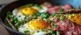 A stove-top pan filled with corned beef hash, eggs, and green beans cooking together.